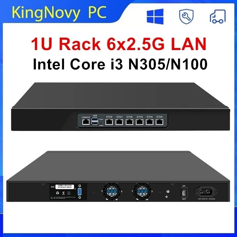 Kingnony 1U Rack Chassis Firewall Router i3 N305 N100 Mini PC Intel 6 x i226-V 2.5G LAN Cabinet Gateway DDR5 MSATA GPIO SIM Slot