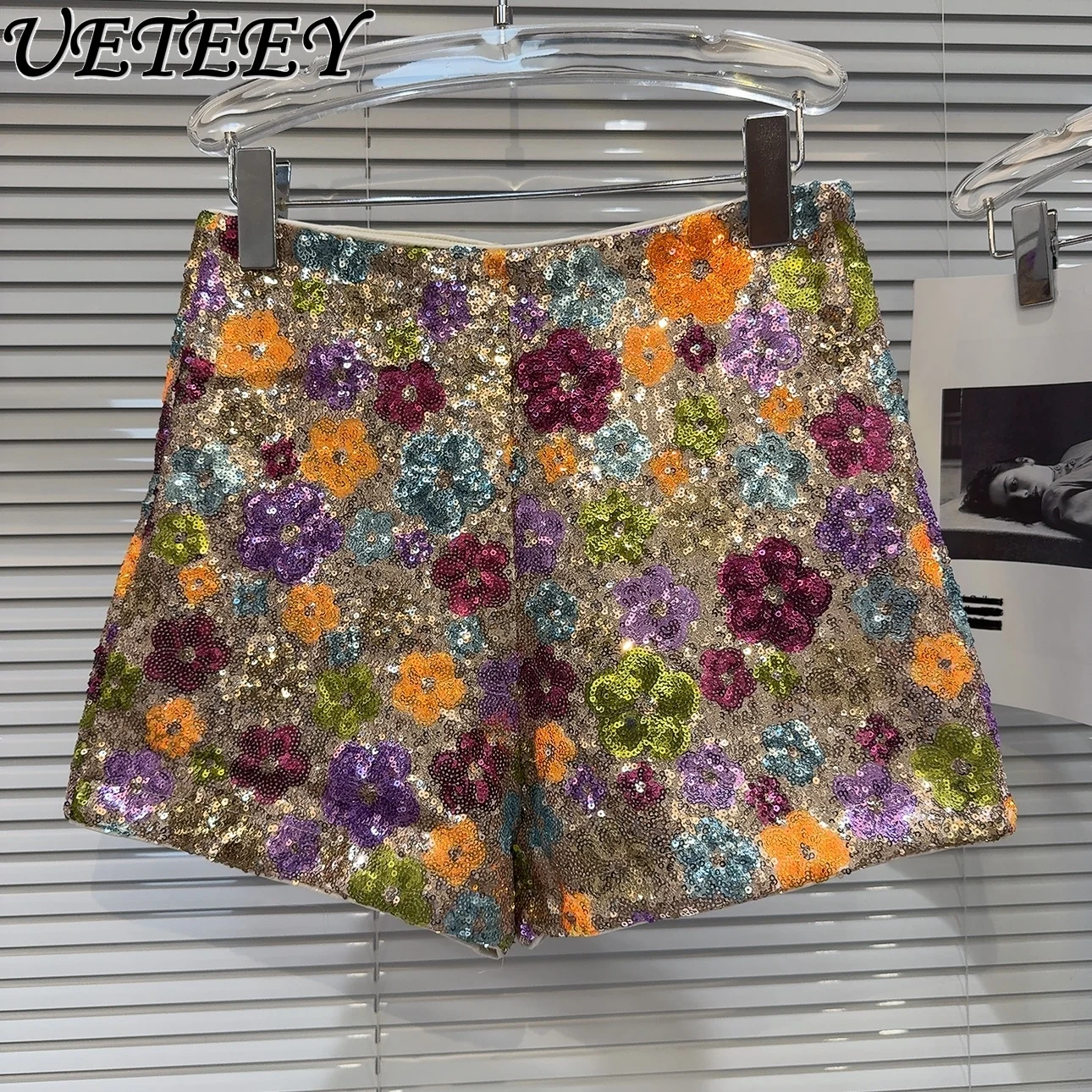 

Summer New Personalized Hot Girl Heavy Embroidery Sequins Flower Shorts Women High Waist Slim Shorts Pantalones Cortos De Mujer
