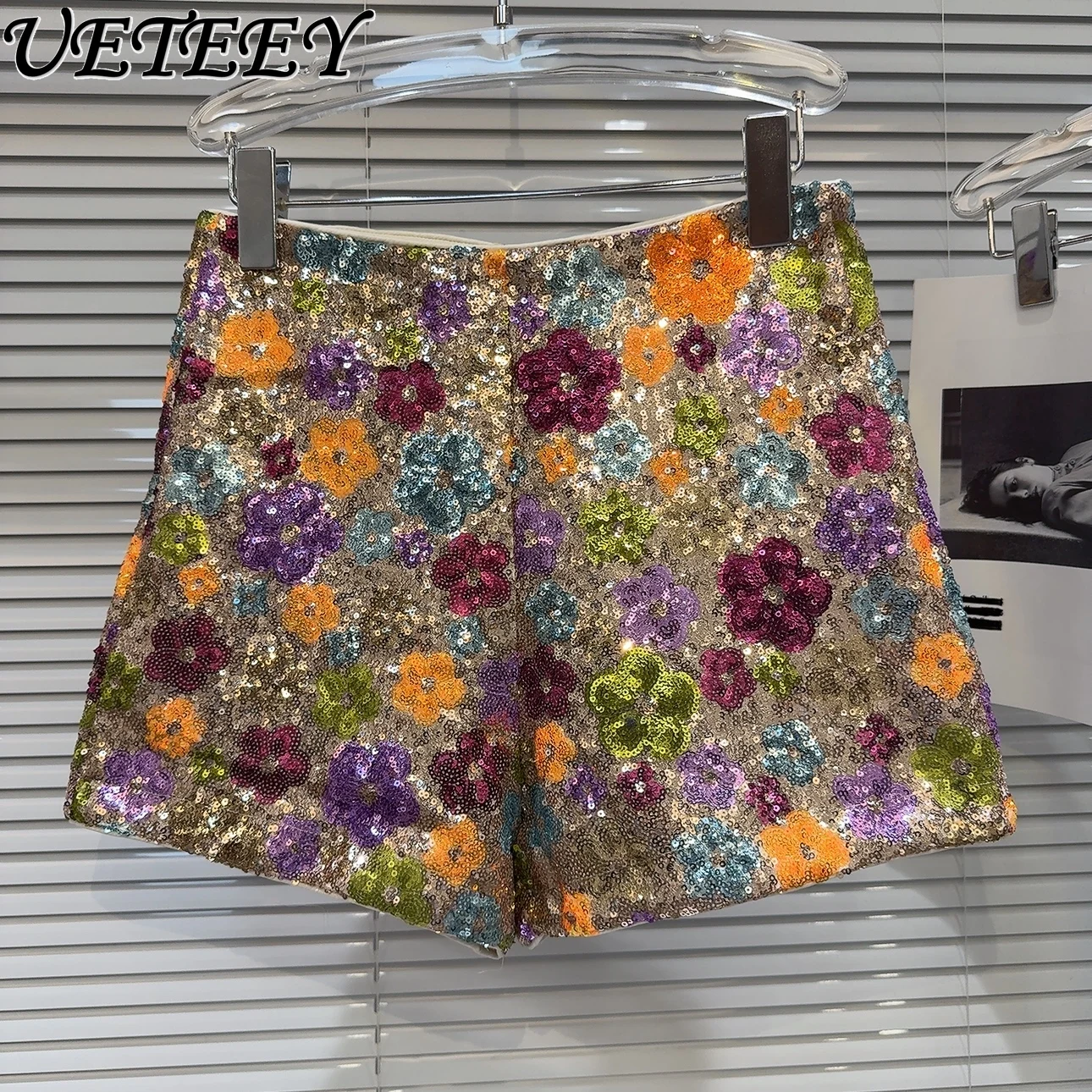 Summer New Personalized Hot Girl Heavy Embroidery Sequins Flower Shorts Women High Waist Slim Shorts Pantalones Cortos De Mujer