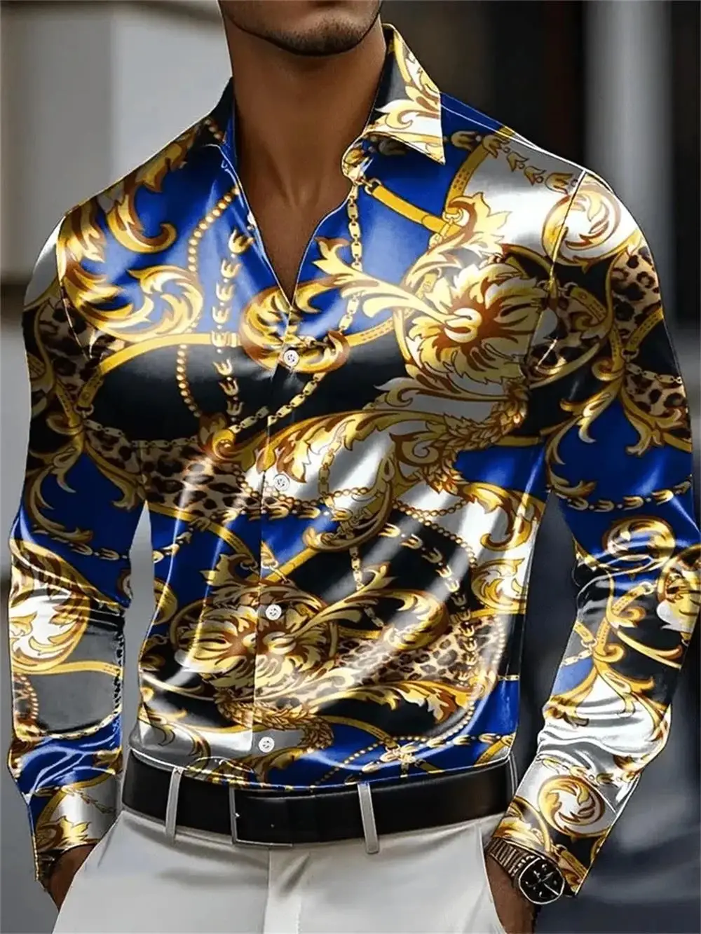 Men's Long Sleeved Shirt 3D Retro Chain Printed Satin Comfortable Fabric Outdoor Street Long Sleeved Button Fashion Street Style