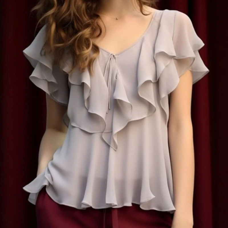 

French Design Chiffon Shirt 2025 Summer Ruffled V-neck Temperament Women's Short Fashion Short-sleeved Shirt