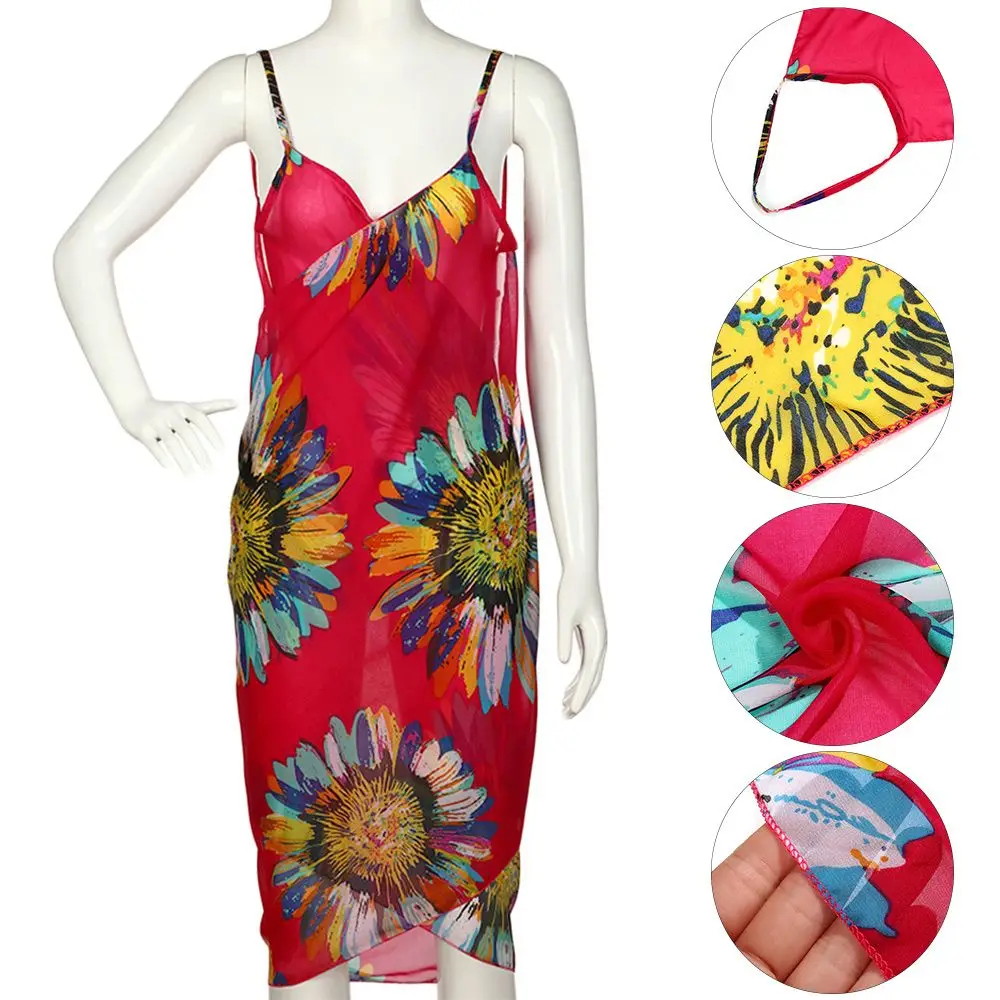 الصيف النساء بيكيني للشاطئ التستر مطبوعة صوفية الشيفون تنّورة ملفوفة وشاح رشيق بحر ثوب السباحة فستان الشاطئ المايوه