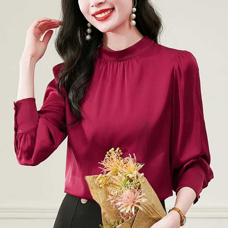 

New Real Silk Woman Shirt Spring Autumn Elegant Shirts Vintage Blouses for Women Long Sleeve Office Lady Solid Blouse Loose