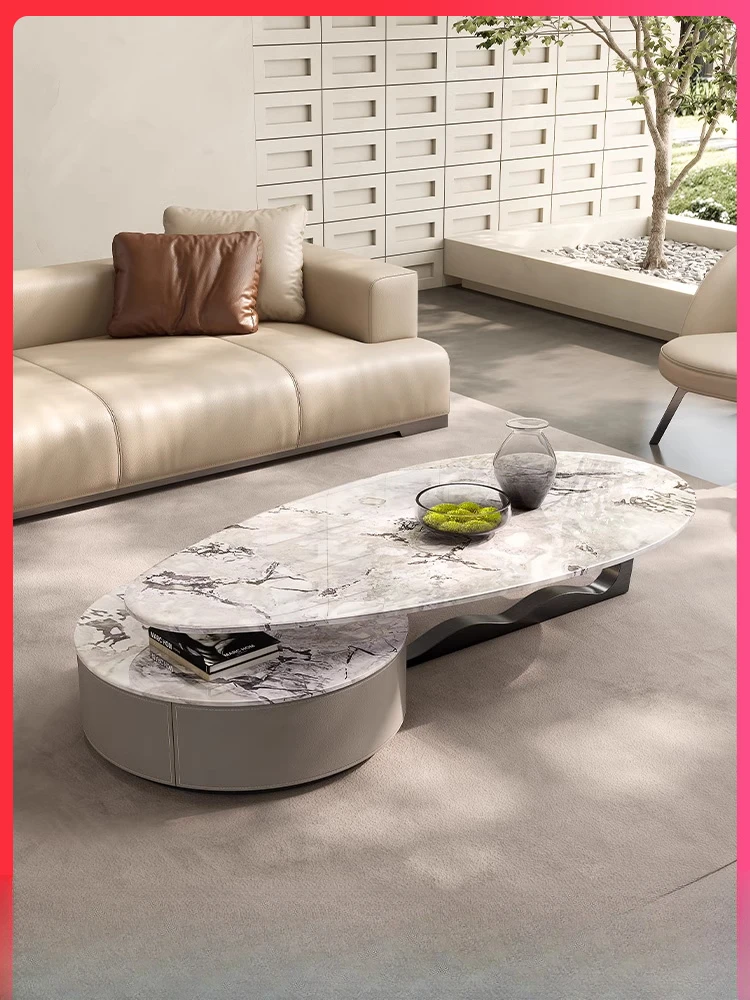 American-Style Natural Luxury Stone Endtable Mild Luxury Marble Retractable Storage Special-Shaped Tea Table Combination