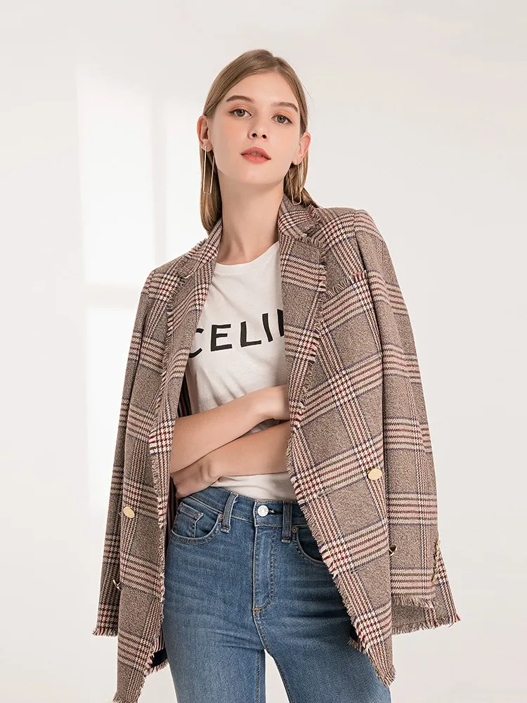

Wei Commuter Sle Plaid Woolen Suit Coat with Fringe Double Breasted Long Sve Busin Women's Faion Spring Outerwear