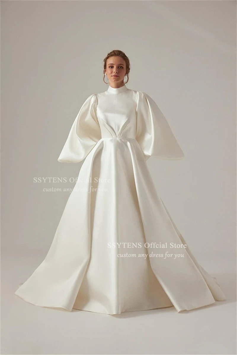 SSYTENS Muslim Wedding Dresses Fold Puff Sleeve Brides Satin Customized Elegant Civil Bride Gown Floor Length robe de mariée