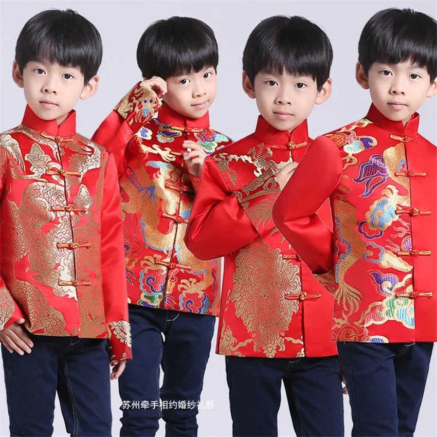 

Tang Suit Red Traditional Chinese Clothing for Men Kids Boy Hanfu Top Dragon Print Vintage Satin Kungfu Chinese Party Stage