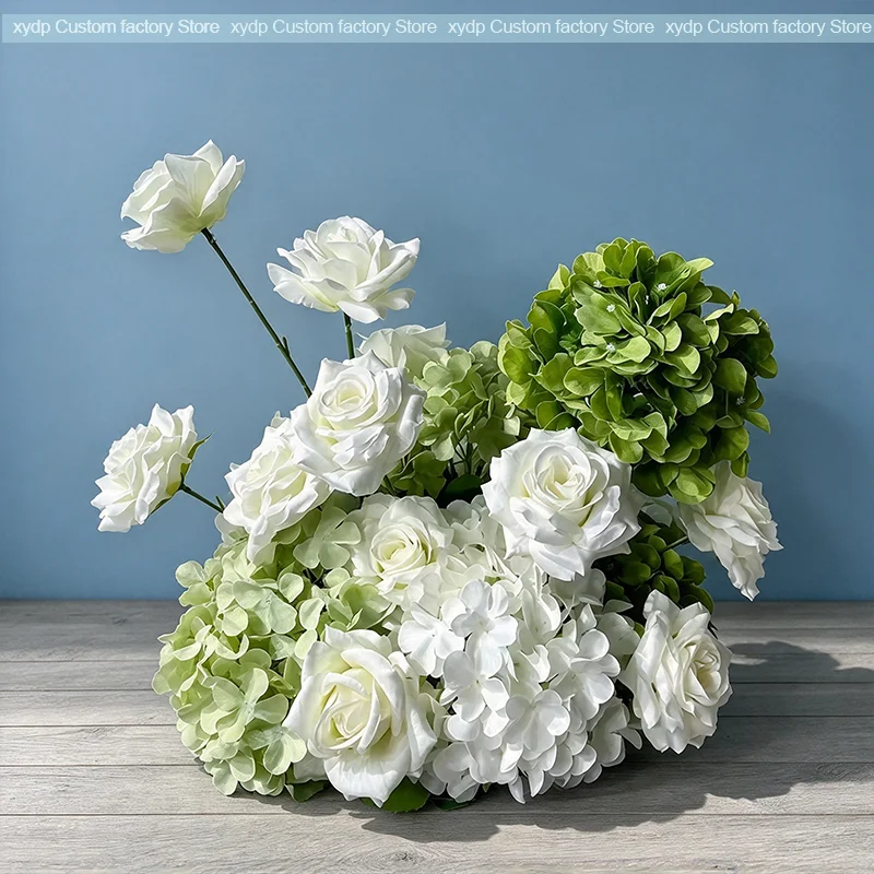 5D Grüne und weiße Hortensien-Hochzeitskulisse, Ochsenhorn-Bogen, Blumenläufer, Rosen-Blumenreihe, Arrangement, Event-Party-Requisiten, Dekorationsausstellung – Detail 7