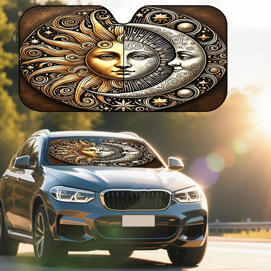 1pc Sun And Moon Pattern Car Windshield Sunshade, Exquisite Retro Design, Effectively Block Strong Light Heat Radiation, Protect