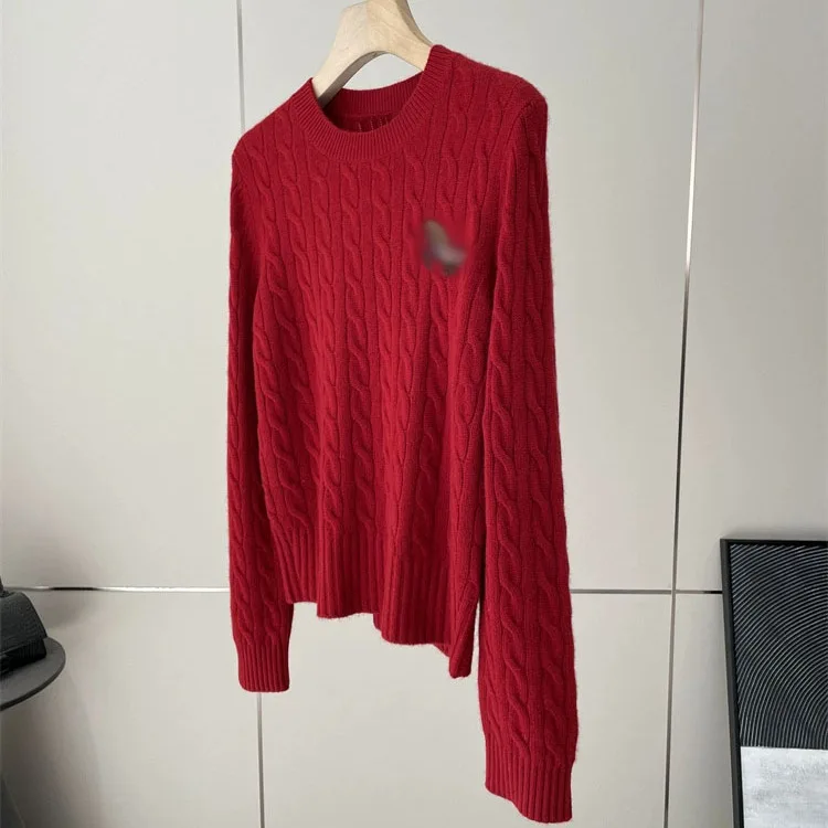 

Heavy Duty round Neck Knitted Sweater Embroidered Motif Sculpted Texture Wine Color Fashionable Women's Winter Top
