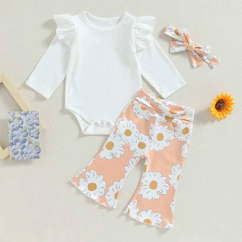 

Newborn Baby Girl Pant Sets Autumn Clothes Outfits Solid Color Rib Knit Long Sleeve Bodysuit Flower Print Flare Pants Headband