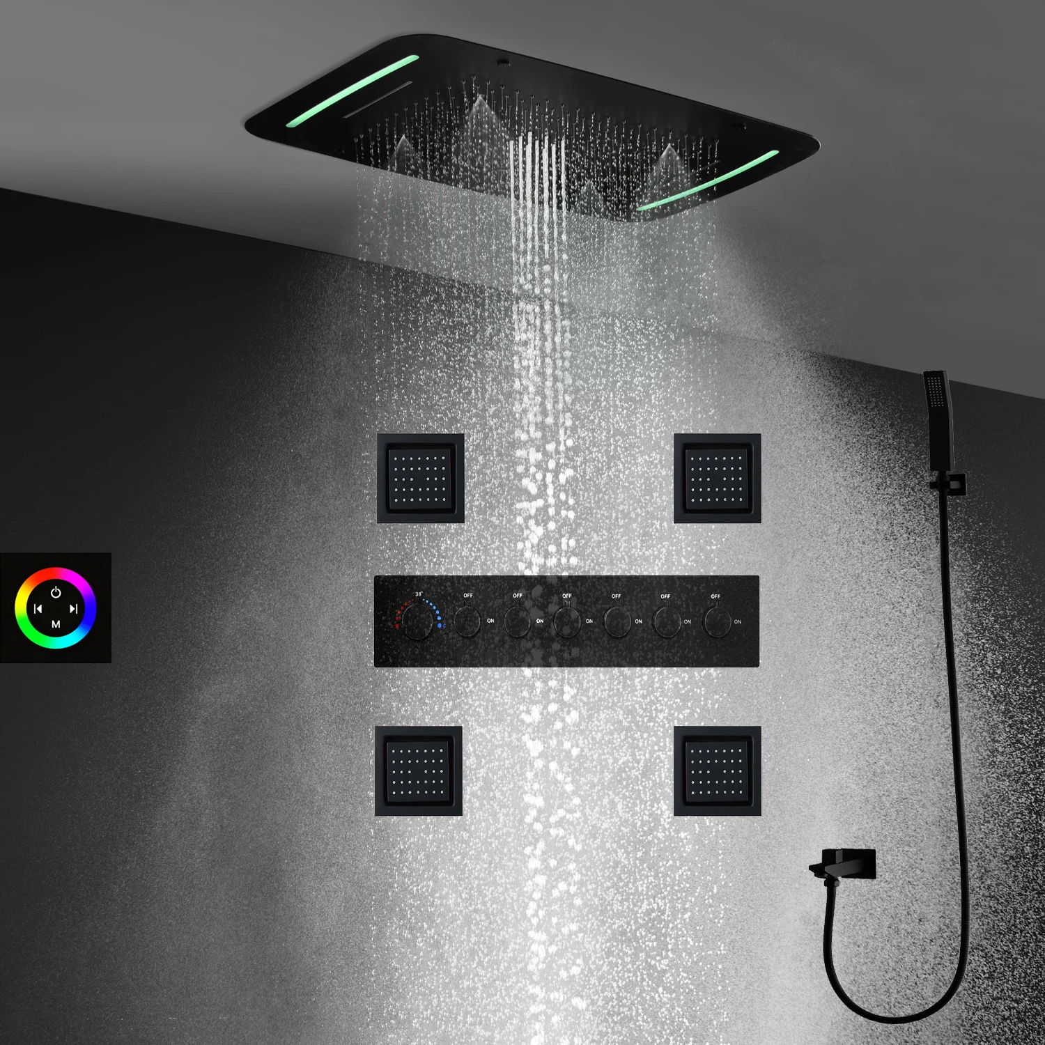 hm Bathroom LED Shower System Luxury 6 Functions Thermotstaic Shower set Waterfall Rain Shower Head Massage Body  Jets Faucets