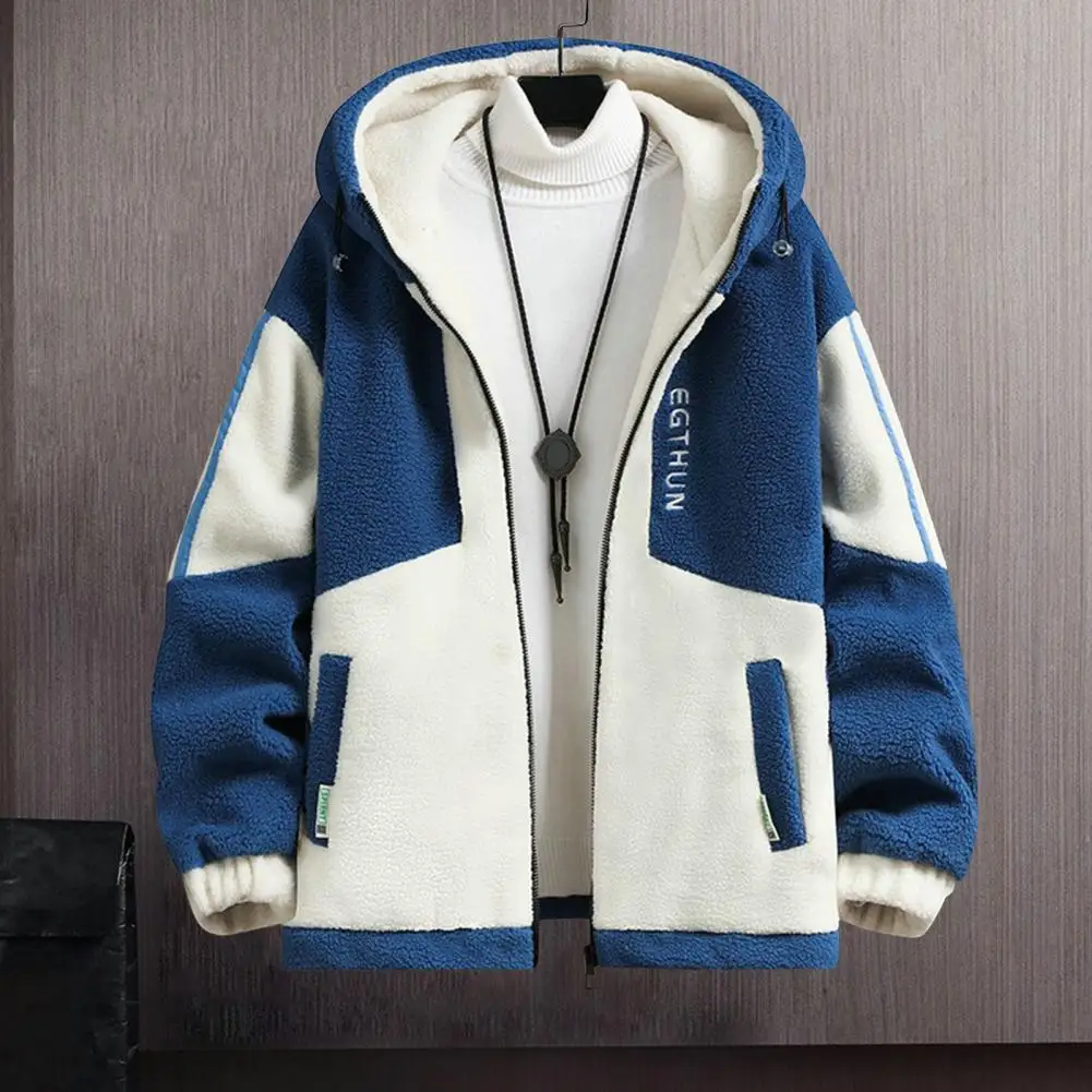 Men Polar Fleece Jacket Autumn Jacket Men's Colorblock Hooded Jacket with Plush Lining Letter Decor Warm Winter for Resistance