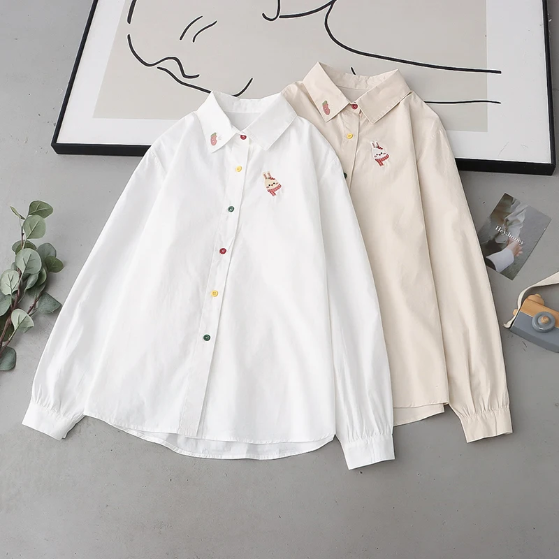 Spring Women Color Buckle Scarf Rabbit Embroidery Long Sleeve Shirt White Color Cotton Loose And Thin Female Blouse U052