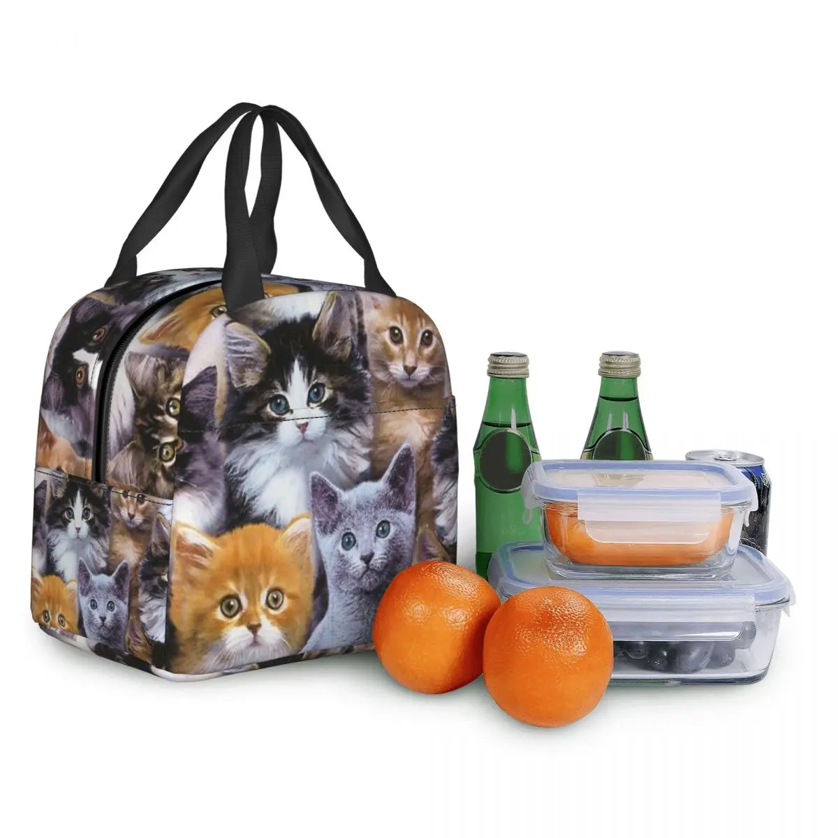 Fiambrera térmica con estampado de gatos para niños, bolsa de almuerzo portátil con estampado de lindos gatos, nevera para Picnic, bolsa de