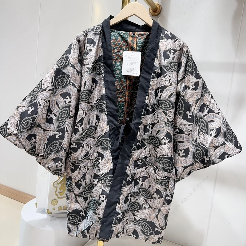 معطف هانتين مطبوع عليه تنين ياباني للخريف والشتاء كيمونو للرجال والنساء سترة يوكاتا فضفاضة خفيفة الوزن قابلة للعكس