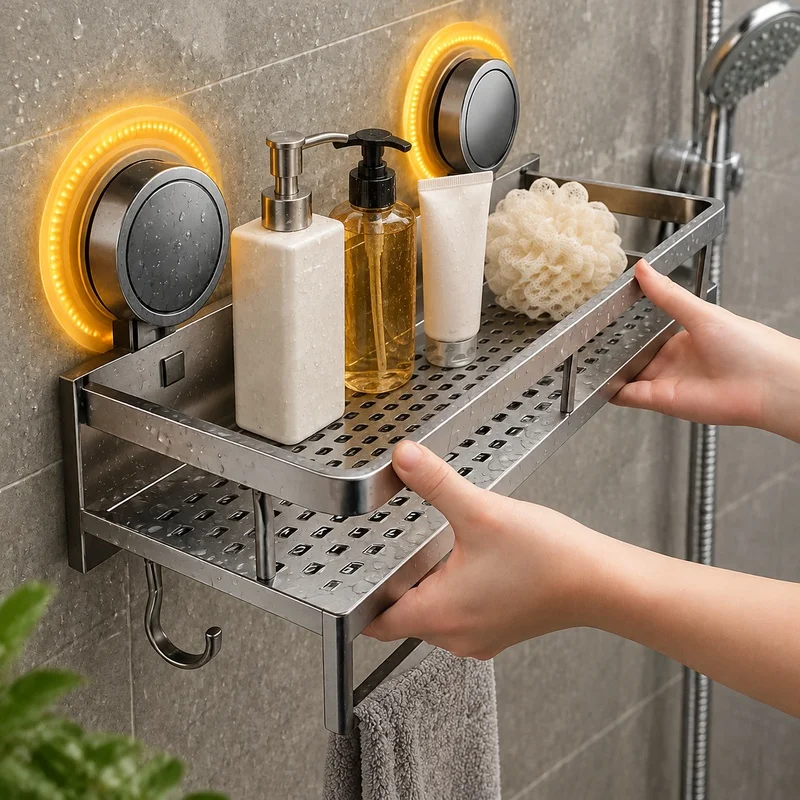 Space-Saving Aluminum Bathroom Shelf with Suction Mount, No-Drill Wall Rack for Shower and Toilet Essentials
