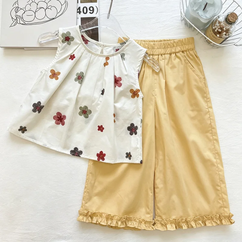 Girls' Summer Thin Embroidered Floral Sleeveless  Pants Two-Piece Set