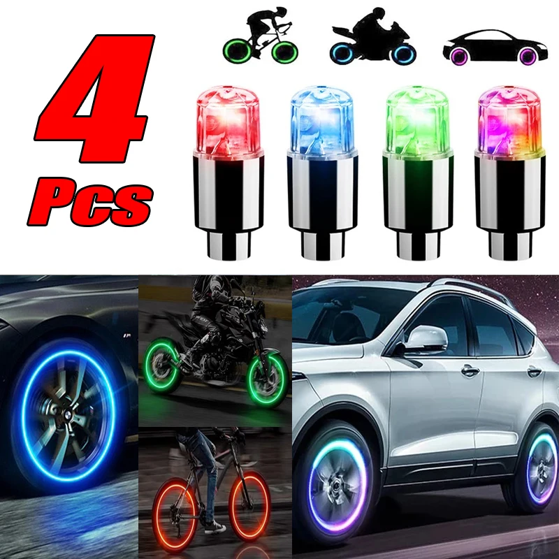 4Pcs Colorful LED Wheel Lights Car Tire Valve Caps Neon Light Universal Motorcycle Bicycle Valve Cover Auto Exterior Accessories