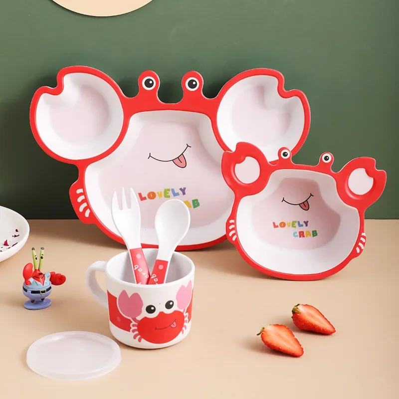 5pcs/set Cartoon Animal Dish Tableware Set Natural Bamboo Fiber Bowl With Cup Spoon Plate Fork Feeding Dishes for Kids Utensils