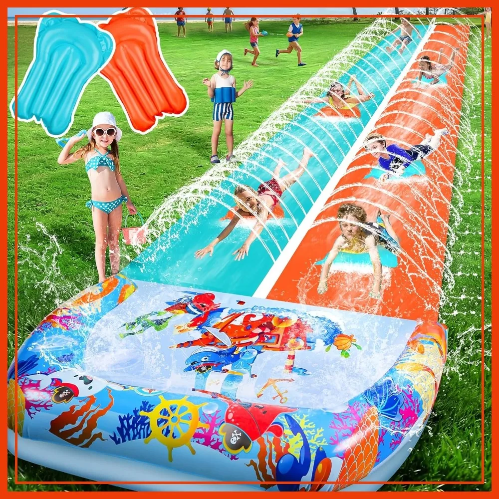 

46FT Double Slip and Water Slides for Backyard, Extra Long Lawn Water Slides with 2 Bodyboards, Heavy Duty Giant Inflatable Water Slip Toys with Crash Pad for Summer Outdoor Party