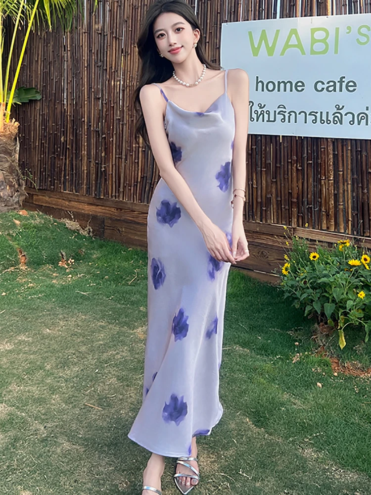 Verano púrpura satén Floral Sling Sexy vestido largo mujeres elegante Casual vestido para casa 2025 moda coreana ceñido al cuerpo Festival vestido de graduación