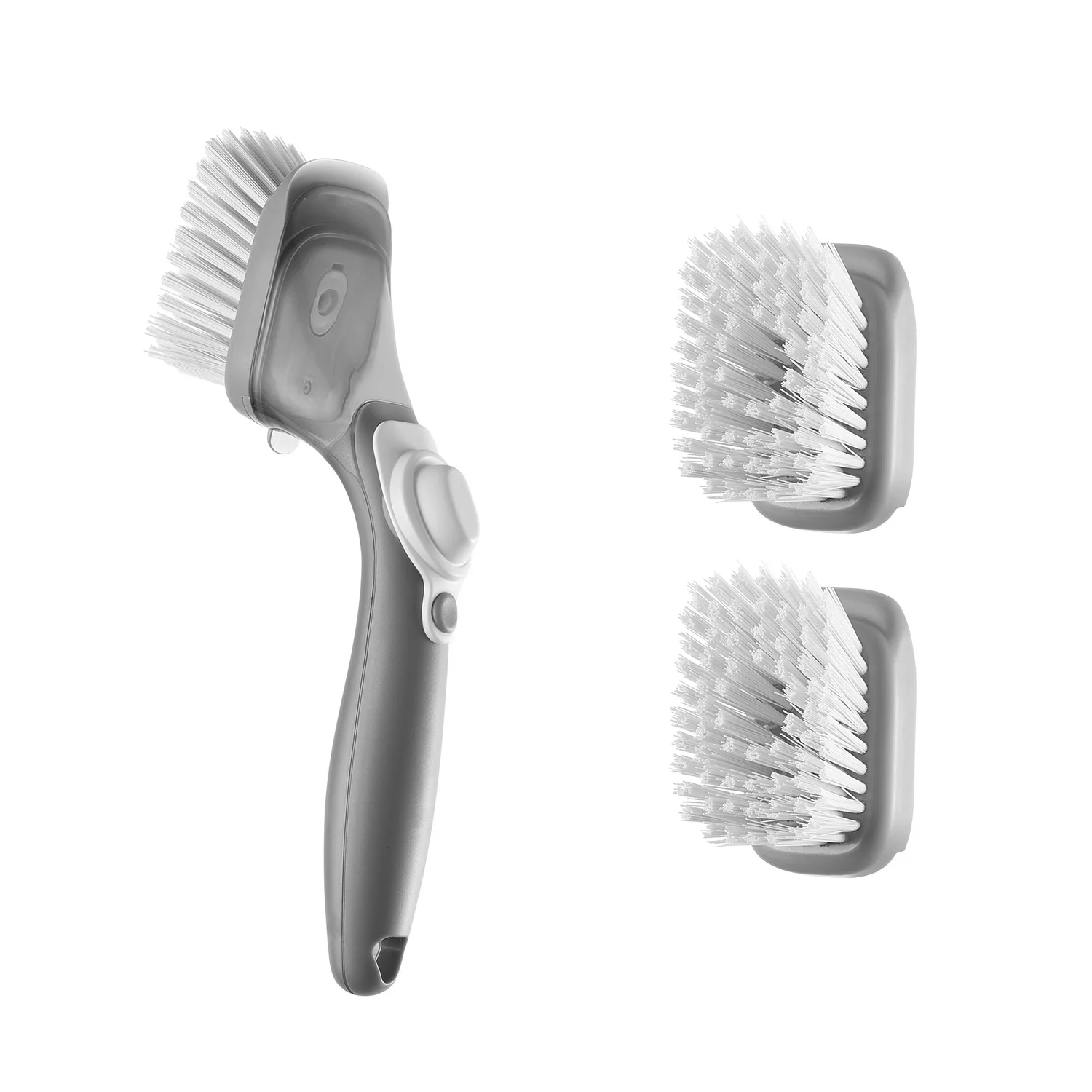 

Щетка для мытья посуды с дозатором для мыла, кухонная щетка с 3 насадками, щетки для чистки посуды с ручкой из полипропилена и изогнутой щетиной.