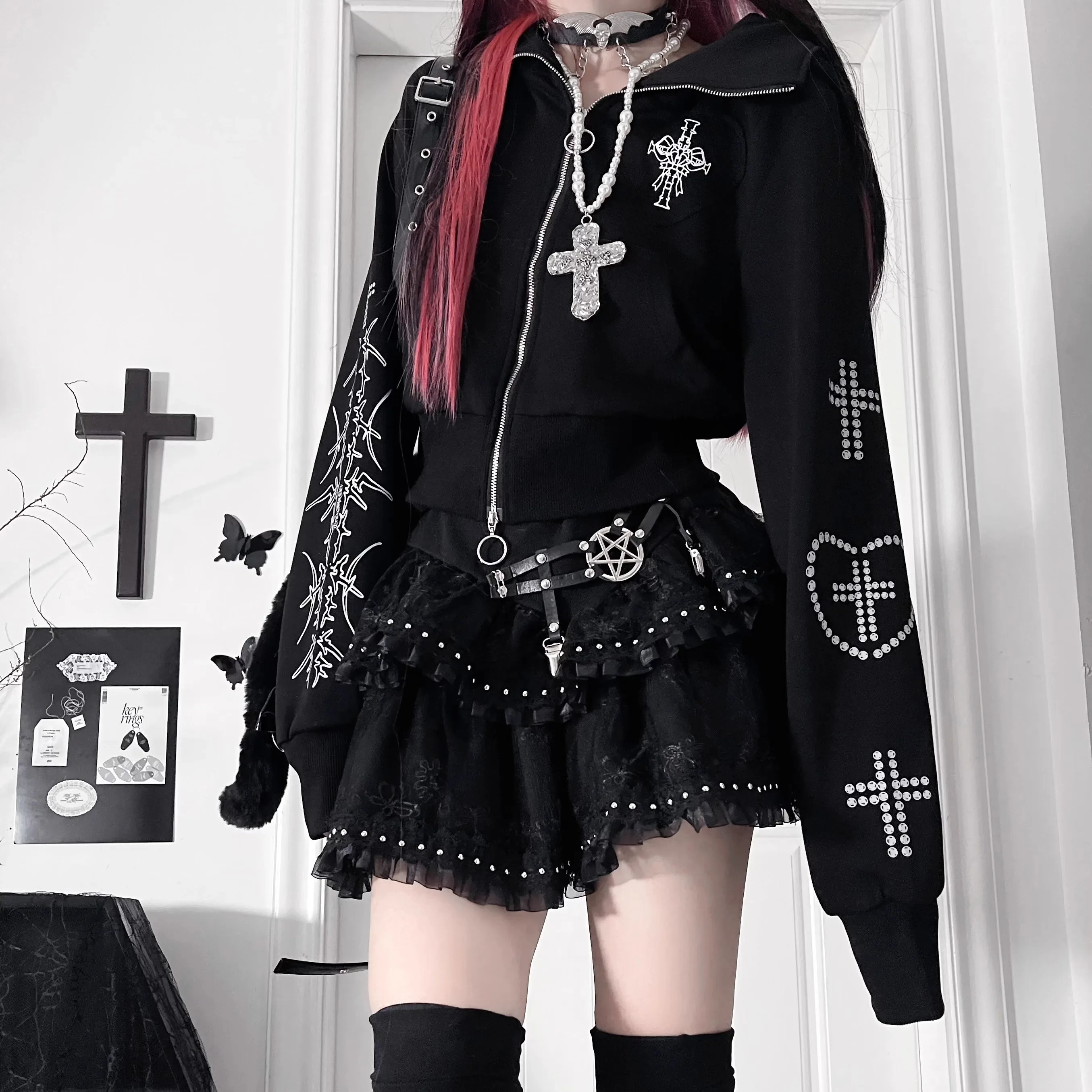 Original Subculture Gothic Black Zipper Hooded Cardigan Jacket Autumn and Winter New Girls' Sweet Cool Slim-Fit Y2k Short Coat