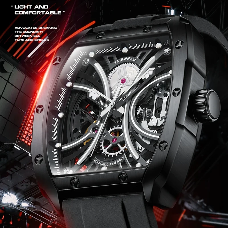

Mark Fairwhale Men's Fashion Mechanical Wristwatch Waterproof Luminous Silicone Strap Automatic Tourbillon Watch