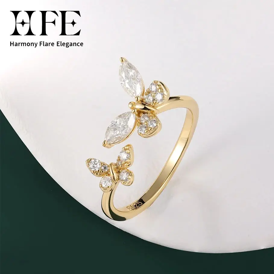 

HFE Moissanite Butterfly Women's Exquisite Ring Adjustable Size 925 Sterling Silver & K Gold Valentine's Day Anniversary Gift
