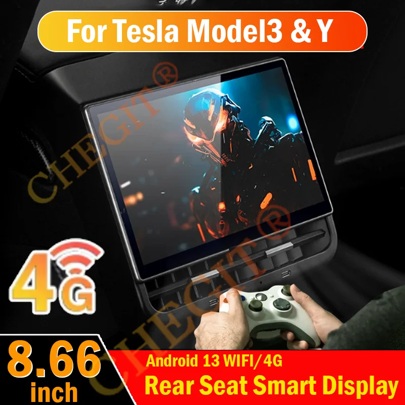 

8.66” 4K HD Rear Display for Tesla Model Y 3 WIFI 4G Entertainment Screen Qualcomm Chip 4-Direction Airlet Adjust Car Accessory