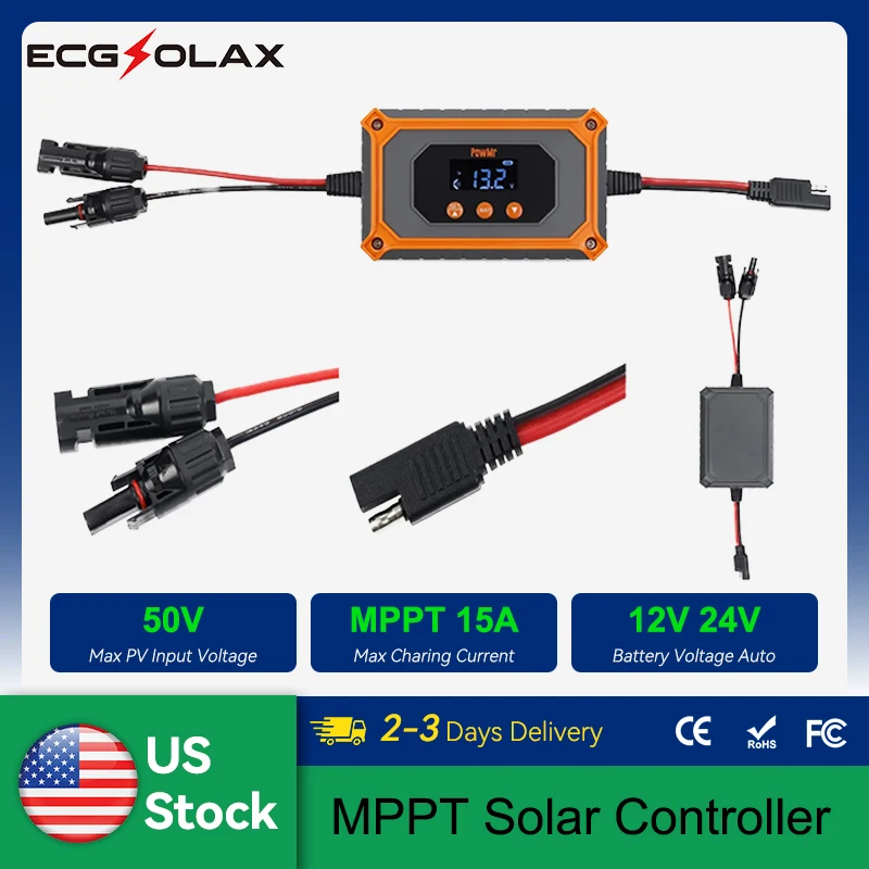 

ECG MPPT 15A Solar Charge Controller 12V/24V AGM Gel Floodied Lithium Batteries 50V Power Bank 180W-360W PV Charge LED Display