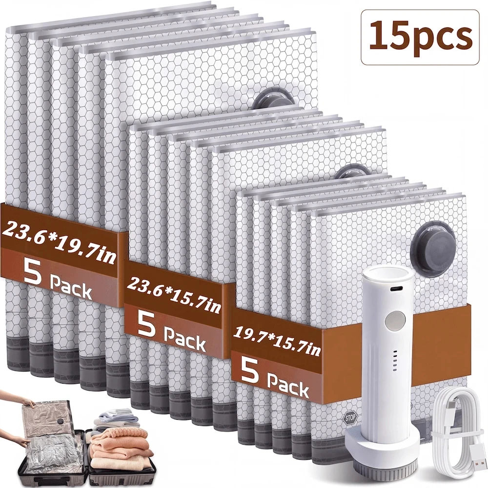 15PCS Travel Vacuum Compression Bags, With Rechargeable Air Pump, Carry-On Size Space Saver Bags For Luggage And Suitcases(15 PCS With Air Pump)/sh260611115231830798528
