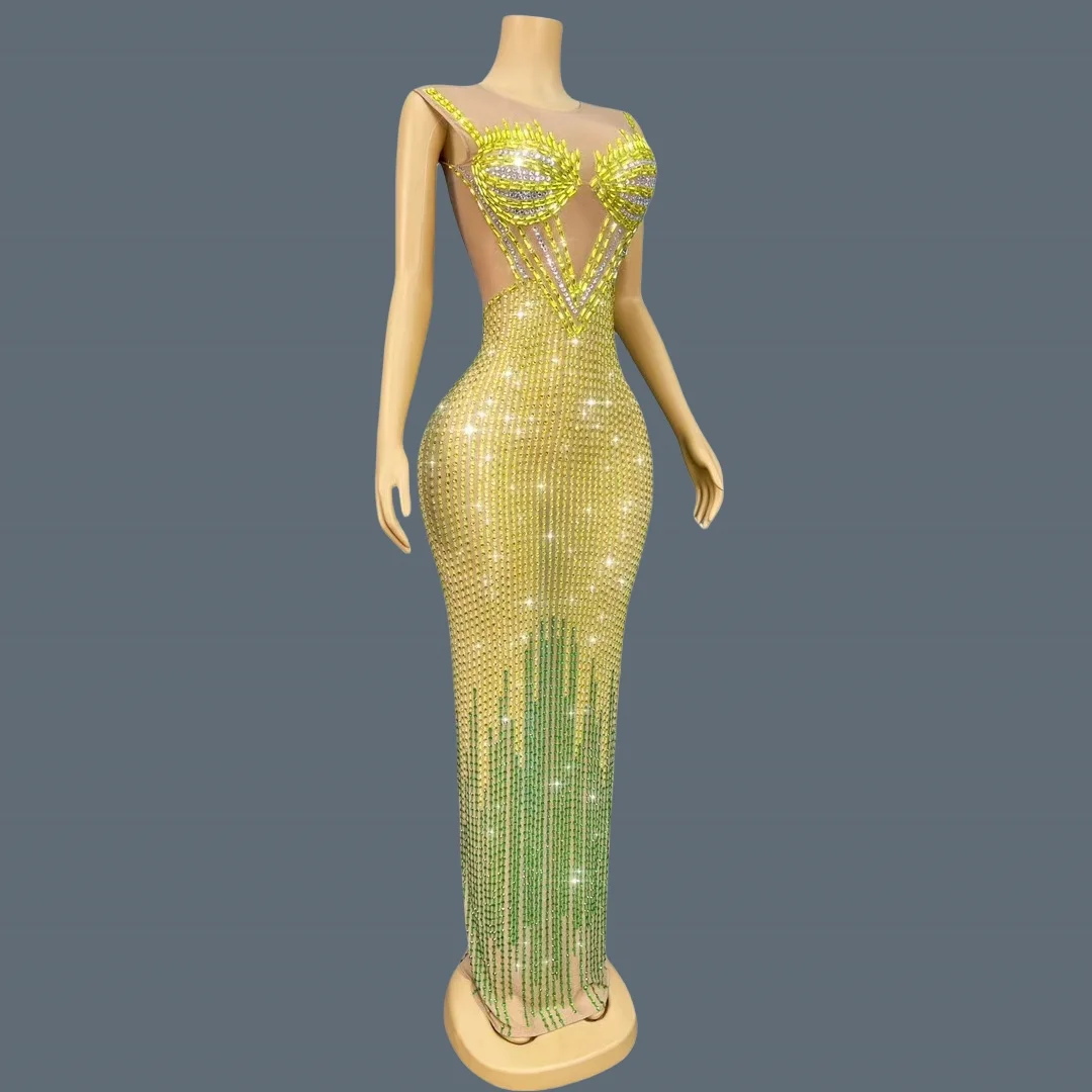 Żółto-zielona, błyszcząca, seksowna długa suknia na przyjęcie urodzinowe, wieczorowa, seksowna odzież damska z wyższej półki, Huangfeicui