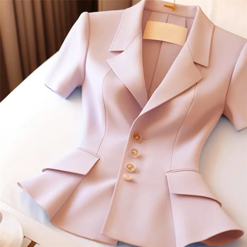 Limiguyue French High End Pink Blouses Summer Luxury Slim Shirt Women Fashion Waist Cinching Short Sleeve Tops Coat Formal 637P