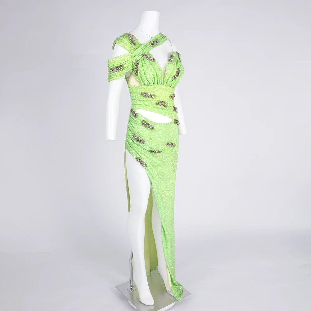 Vestido de novia de noche sexy con cuentas verdes para mujer – Vestido de fiesta con hombros descubiertos y abertura alta