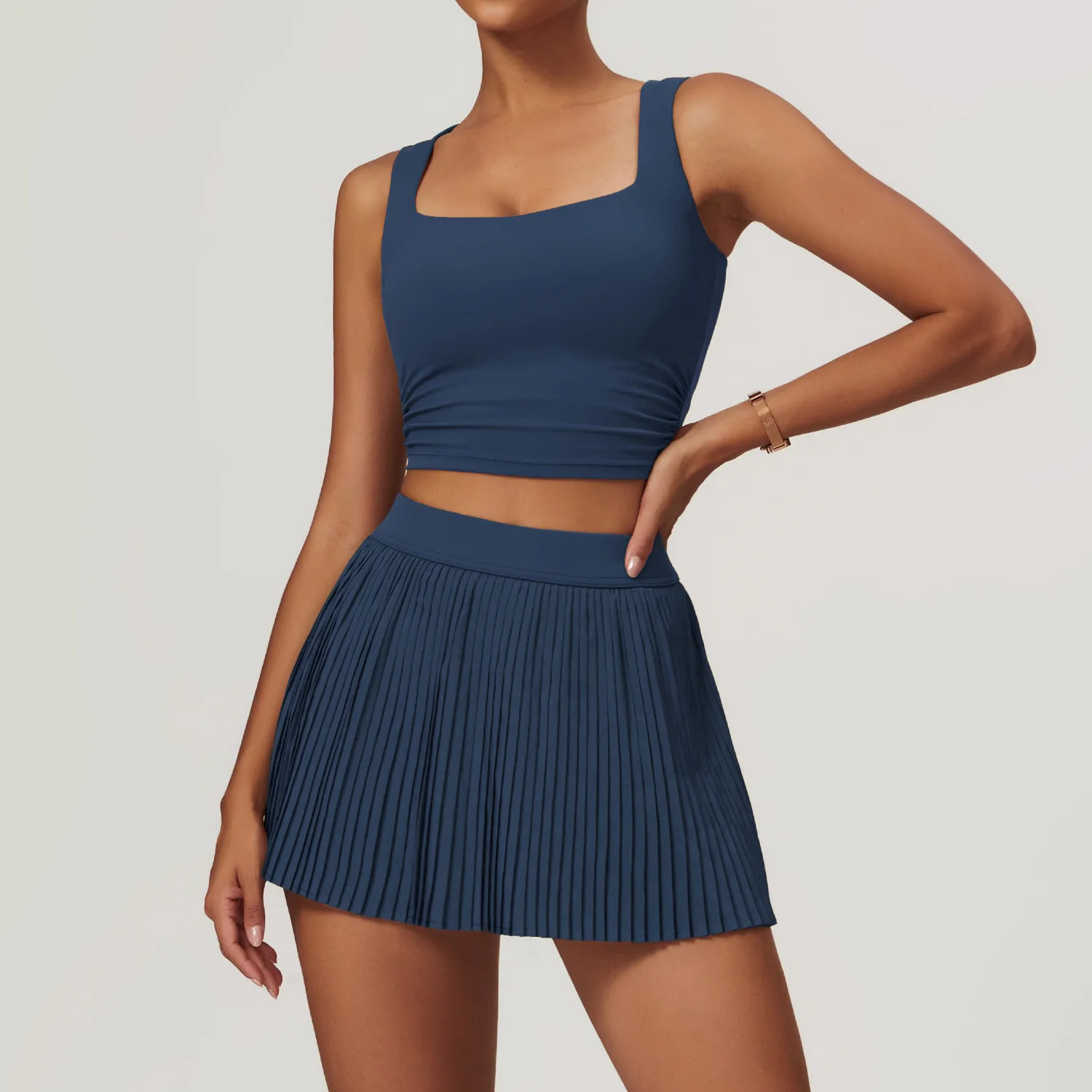 Women 2-Piece Yoga Tennis Skirt Set Gym Outdoor Bra Crop Top High Waist Fitness Skirt Suit Women\'s Golf Dance Badminton Sport