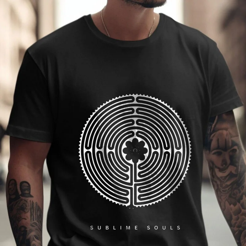 Labyrinth 100% Cotton Gift T shirt Mandala Print Spiritual Art Sacred Geometry Minimalist Top Abstract Graphic Tee All size Tops