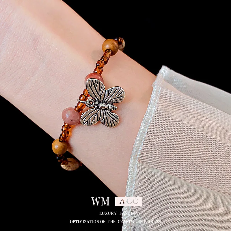 New Chinese Style Old Butterfly Sandalwood Rice Bead Bracelet  Artistic Retro Bracelet  Fashion All-match Beaded Jewelry Women