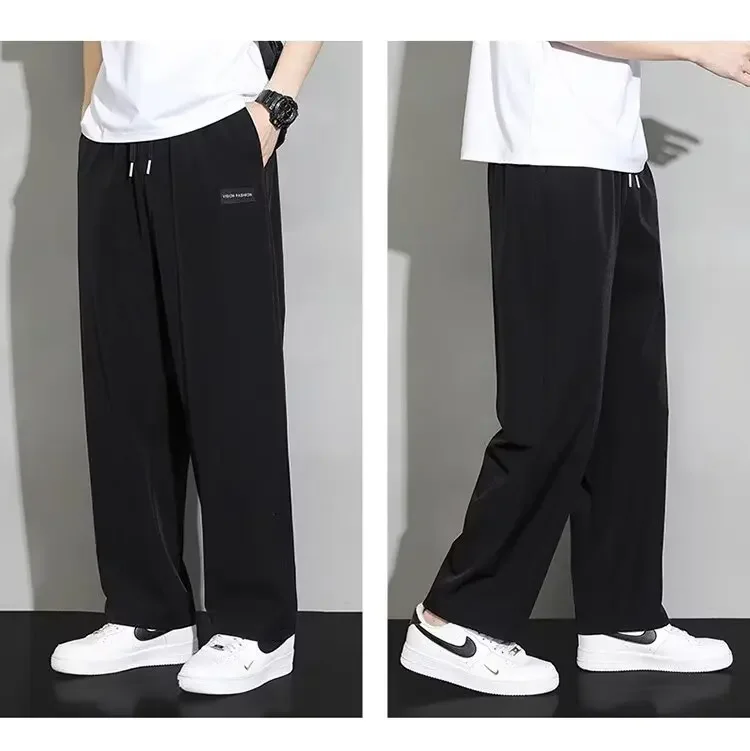 Pantalones de chándal coreanos de seda de hielo para hombre, Pantalones rectos de piernas anchas, pantalones deportivos para correr, ropa de calle japonesa Y2k, Verano