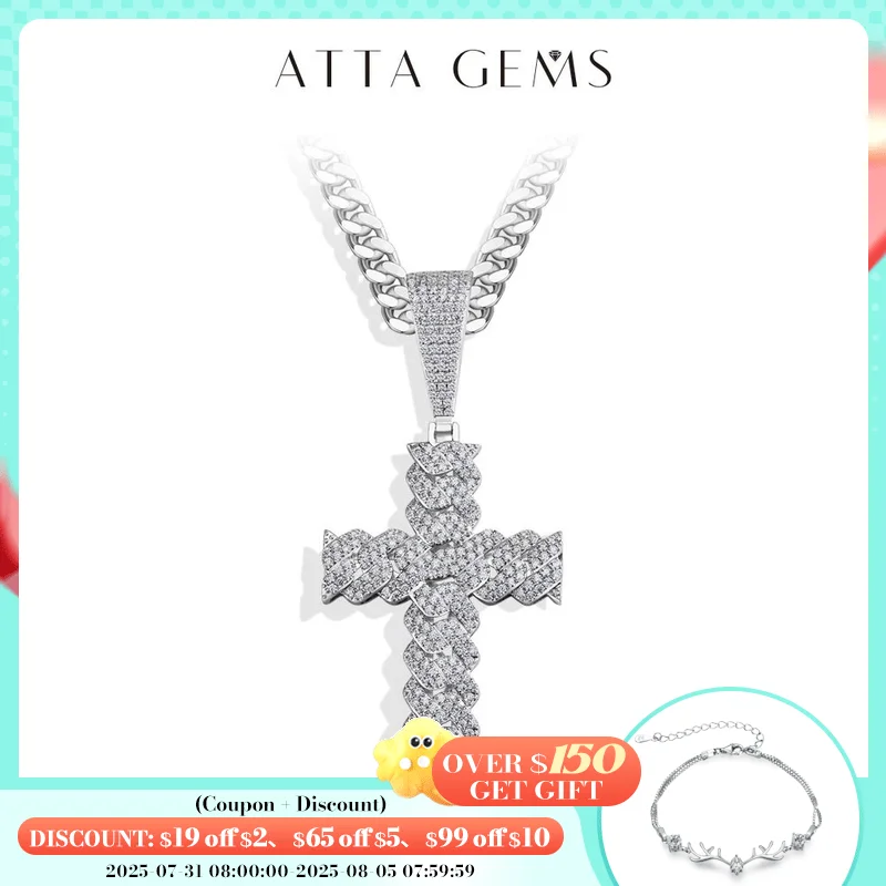 

ATTAGEMS D Color Full Moissanite Pendant Necklace for Women Men Cross Solid 925 Sterling Silver Birthday Party Fine Jewelry Gift