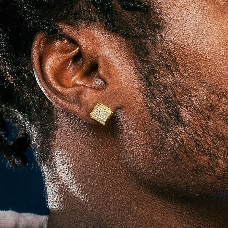 Luxury Men Stud Earrings Homme Hip Hop Rock Gold Color Bling Iced Out AAA+ Zircon Screw Ear Piercings Fashion Jewelry OHE153