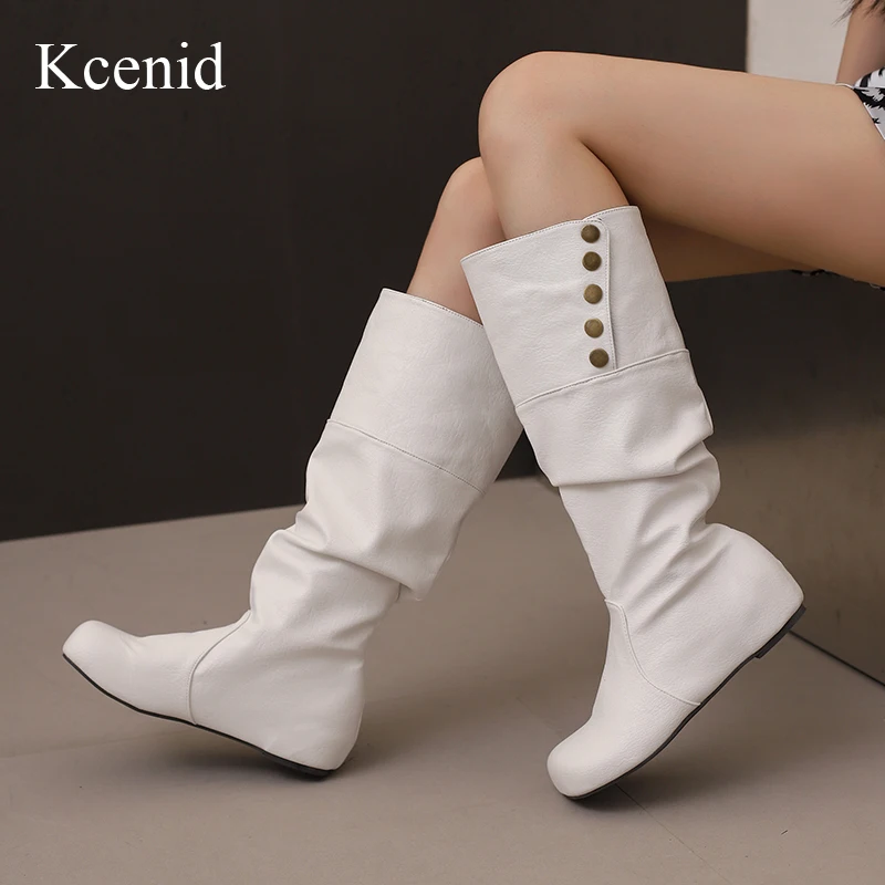 

Kcenid Comfort повседневные осенне-зимние сапоги до колена женские сапоги без шнуровки с круглым носком, увеличивающие рост, длинные сапоги, большой размер 34-50