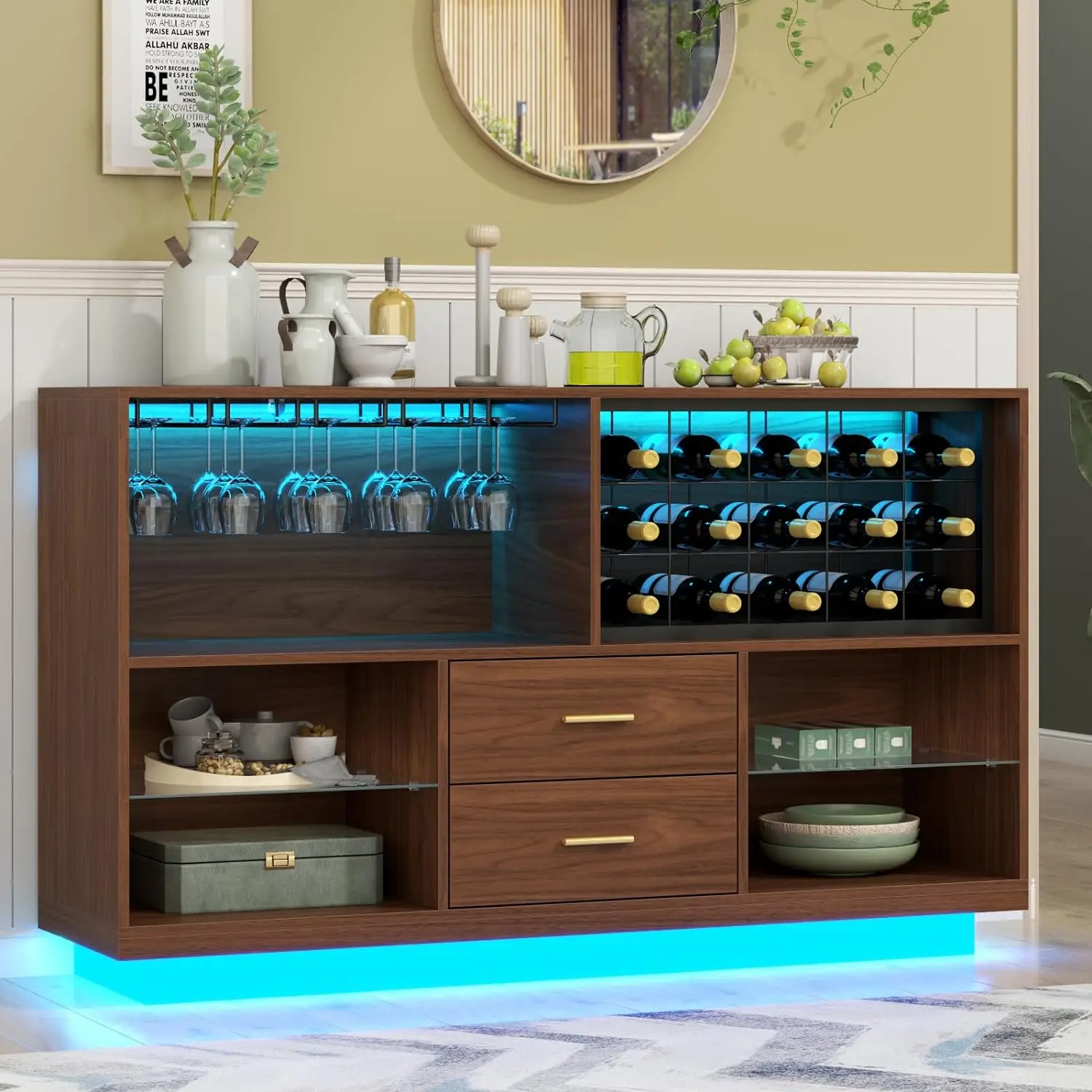 Armadietto moderno per Wine Bar con luci e cassetti a LED, mobile Buffet con credenza a LED con portabottiglie e portabicchieri, caffè domestico