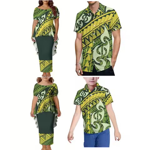 Customized Floral Print Pattern Family Dress For Evening Banquet Polynesian Tailoring Women'S Puletasi Suit Dress Men'S Shirt