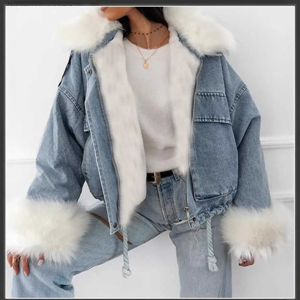 

Wish Independent Station White Denim Short Fur All-In-One Jacket Women's Ready-Made Exclusive for