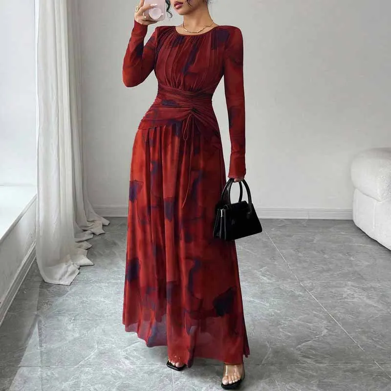 Dresses for Women Fashion Slim Long Sleeve O-Neck Print Women Dress Shirring A-LINE Dress Women Vestidos De Verano Mujer Q7209