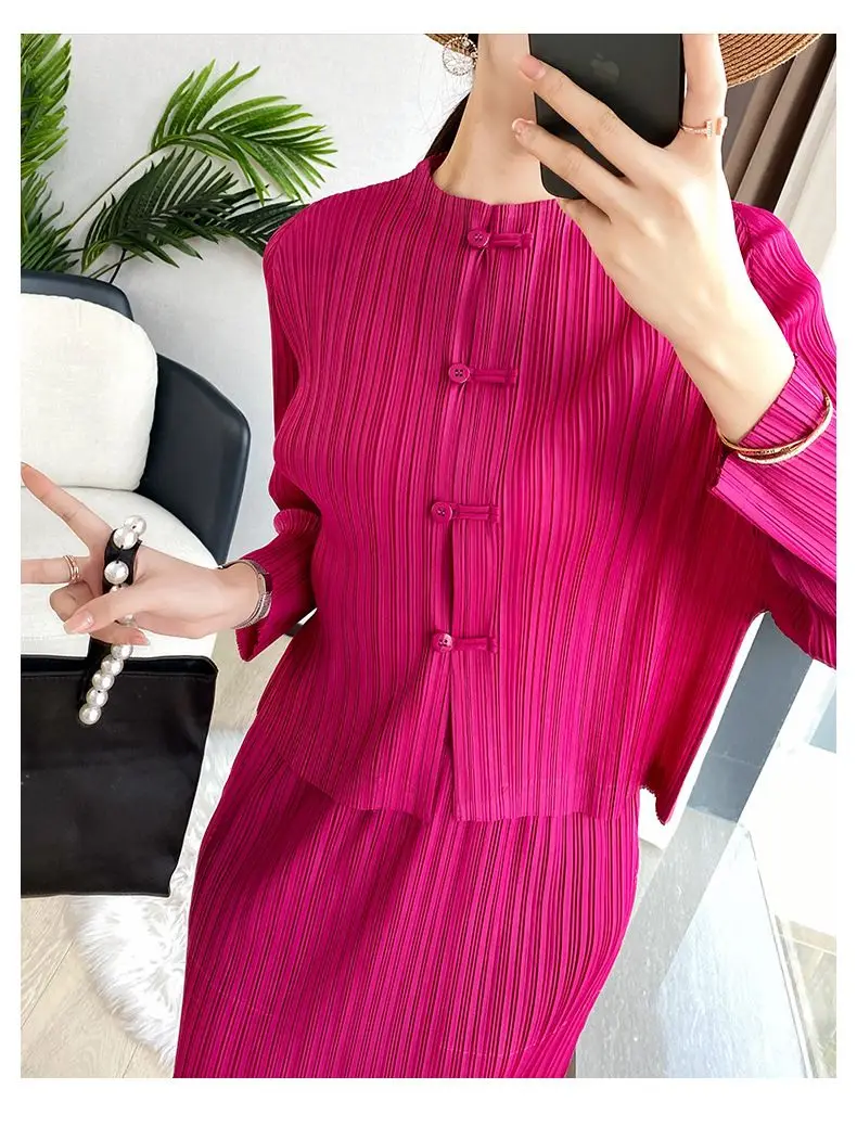 シャツ & ブラウス夏服三宅プリーツ春と夏の中国風プリントシャツ女性の長袖レトロルーズトップ