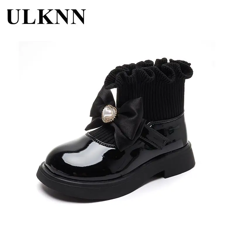 

Girl's Boots Children's Princess Love Bow Shoes Girls Fashion Boots Socks Black Leather Shoe Kid's Black Anti-slippery Boats