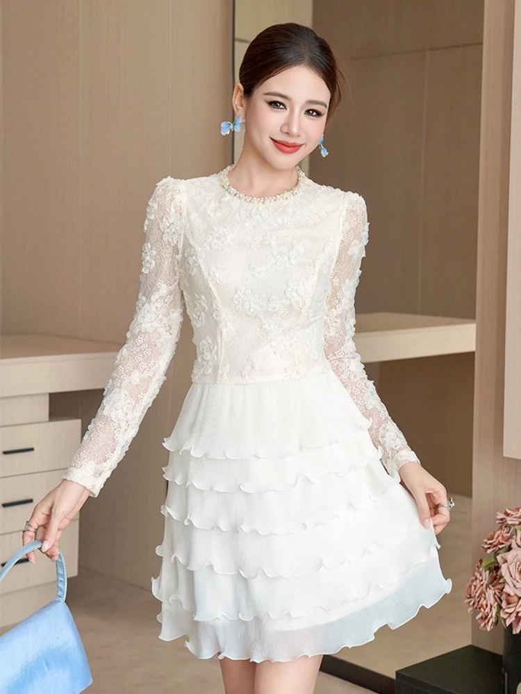 Fairycore Verjaardagsfeestje Jurken Vrouwen Prachtige Geborduurde Bloem Ruche Taart Jurk Pure Kant Parel Diamant Baljurk Vestido